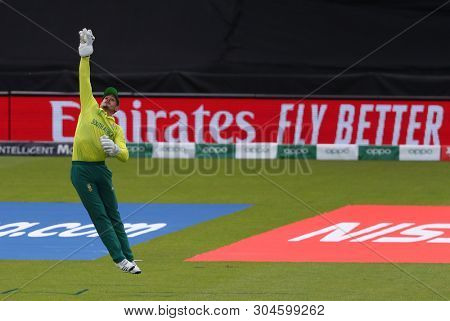 LONDON, ENGLAND. 02 JUNE 2019: Wicketkeeper Quinton de Kock of South Africa catches the ball during the South Africa v Bangladesh, ICC Cricket World Cup match, at the Kia Oval, London, England.