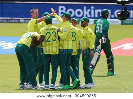 LONDON, ENGLAND. 02 JUNE 2019: Chris Morris of South Africa celebrates taking the wicket of Soumya Sarkar of Bangladesh during the South Africa v Bangladesh, ICC Cricket World Cup match