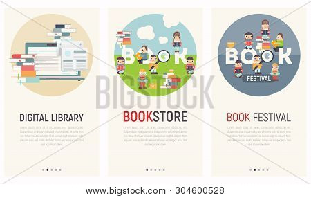 Mobile App Page Onboard Screen Set. Screens Template For Digital Library, Bookstore, Book Festival W
