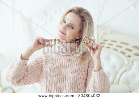 Beautiful Woman Holds In Her Hand Bitcoin Cryptocurrency Coins.