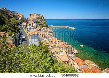 Coastline And Old Castle Of Medieval Town Of Scilla In Calabria, Italy. Famous Italian Summer Holida