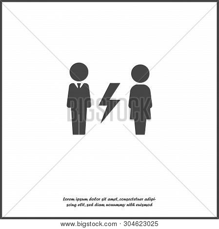 Vector Divorce Icon. The Man And The Woman Near The Lightning Icon On White Isolated Background.