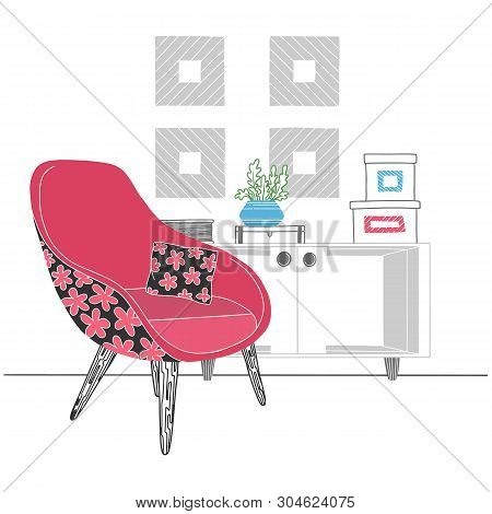 Interior In Scandinavian Style. Part Of The Room. Hand Drawn Vector Illustration Of A Sketch Style.