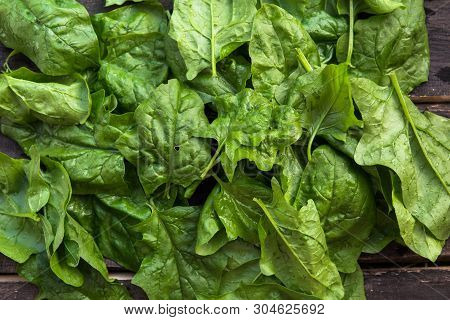 Spinach Leaves On A Market Outside. Organic Spinach. Spinach Background