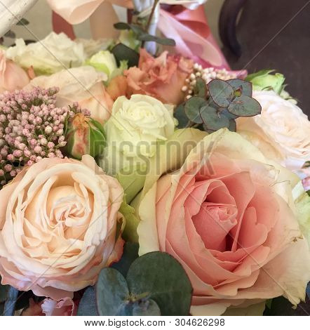 Spring Bouquet Of Mixed Colorful Flowers. Flowers Bouquet Including Ozothamnus, Lisianthus, Pink Ros