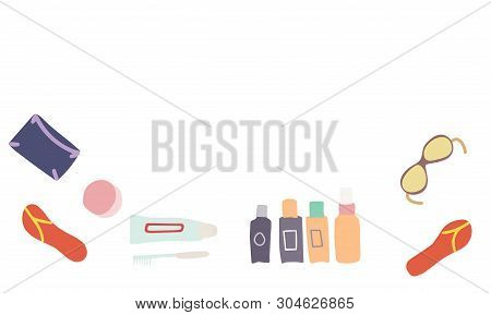 Vector Illustration Top View Luggage. Flat Lay Concept. Open Packed Suitcase. Advertising, Poster, B