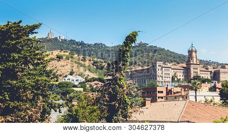 Barcelona, Spain - June 20, 2017: View Of Pia De Sarria School On The Heights Of The City On A Summe