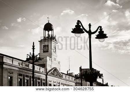 Bell tower of Royal House of the Post Office (Real Casa de Correos) in Puerta del Sol in Madrid, Spain.