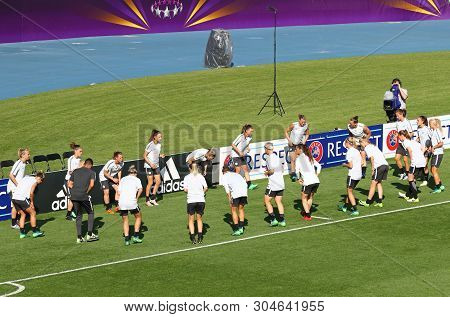 Kyiv, Ukraine - May 23, 2018: Vfl Wolfsburg Players In Action During Training Session Before Uefa Wo