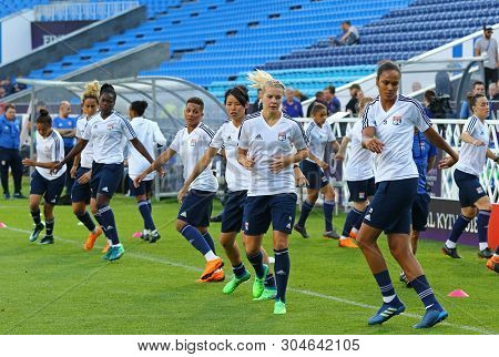 Kyiv, Ukraine - May 23, 2018: Olympique Lyonnais Players Run On The Pitch During Training Session Be