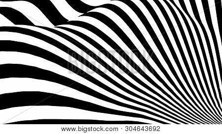 Optical Illusion Wave. Abstract 3D Black And White Illusions. Horizontal Lines Stripes Pattern Or Ba