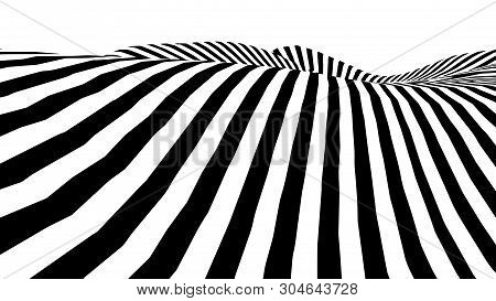 Optical Illusion Wave. Abstract 3D Black And White Illusions. Horizontal Lines Stripes Pattern Or Ba