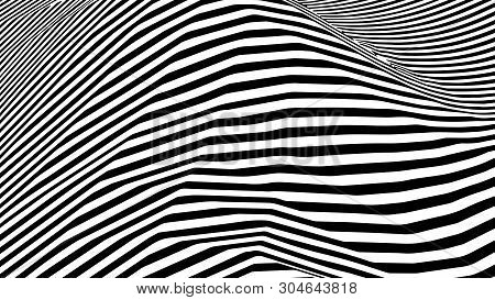 Optical Illusion Wave. Abstract 3D Black And White Illusions. Horizontal Lines Stripes Pattern Or Ba