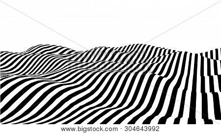 Optical Illusion Wave. Abstract 3D Black And White Illusions. Horizontal Lines Stripes Pattern Or Ba