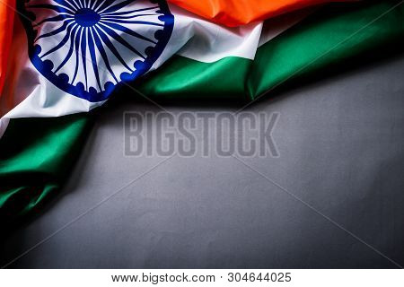 Top View Of National Flag Of India On Gray Background. Indian Independence Day.