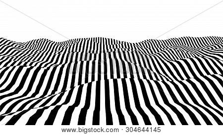 Optical Illusion Wave. Abstract 3D Black And White Illusions. Horizontal Lines Stripes Pattern Or Ba