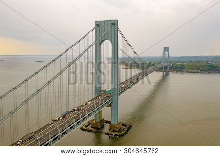 Aerial View Of The Verrazzano-narrows Bridge In Brooklyn And Staten Island.