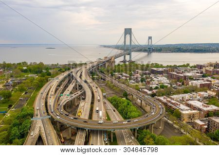 Aerial View Of The Verrazzano-narrows Bridge In Brooklyn And Staten Island.
