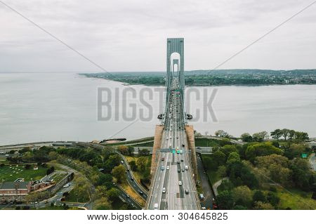 Aerial View Of The Verrazzano-narrows Bridge In Brooklyn And Staten Island.