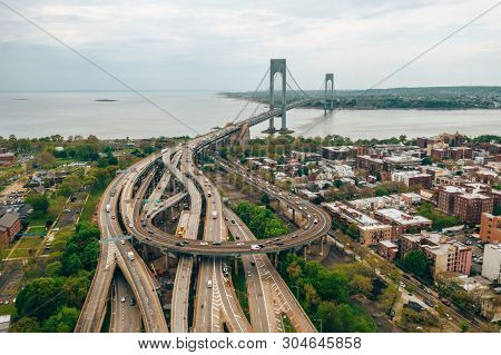 Aerial View Of The Verrazzano-narrows Bridge In Brooklyn And Staten Island.