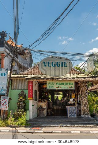 Ubud, Bali, Indonesia - February 26, 2019: Downtown Pedang Tegal, Ji. Hanoman Street, Commercial Dis