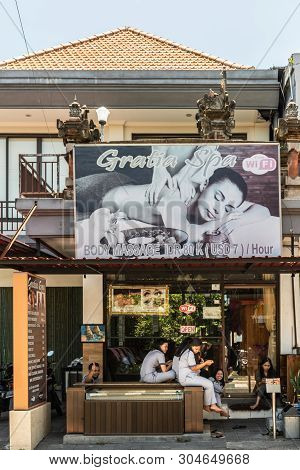 Ubud, Bali, Indonesia - February 26, 2019: Downtown Pedang Tegal, Ji. Hanoman Street, Commercial Dis