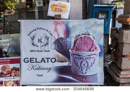 Ubud, Bali, Indonesia - February 26, 2019: Downtown Pedang Tegal, Ji. Hanoman Street, Commercial Dis