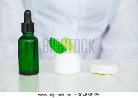 Scin Care. Scientist Hands Testing Texture Of Beauty Products