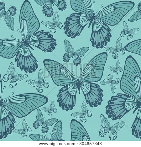 Seamless Pattern Butterflies On Turquoise Green, Butterfly Repeat Pattern For Textile Design, Fabric