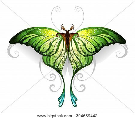 Green Realistic Exotic Butterfly On A White Background. Tattoo Style. Greenery. Trendy Color.
