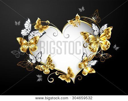 Banner In Shape Of Heart, Decorated With Gold And White Butterflies On Black Background.