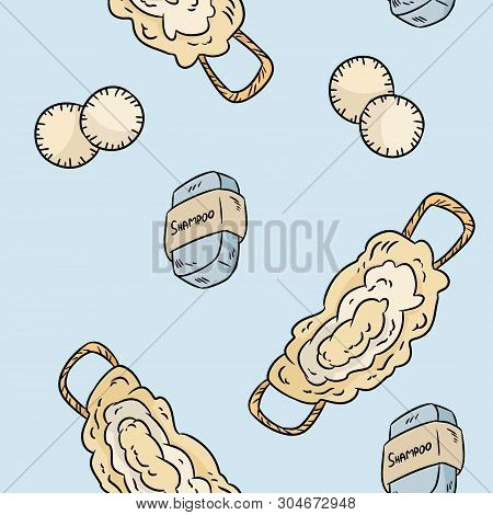 Natural Material Loofah, Soap, Shampoo And Cotton Pads Seamless Pattern. Ecological And Zero-waste P