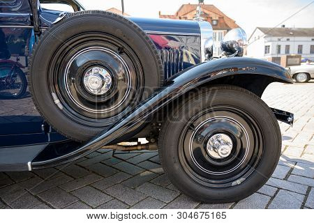 Ratzeburg, Germany - June 2, 2019: Historic Opel, Front Wheel, Mudguard And Spare Wheel Of The Class