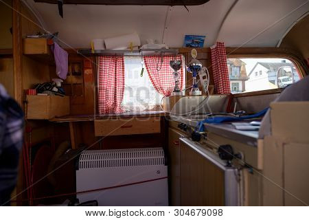 Ratzeburg, Germany - June 2, 2019: Inside The Opel Blitz, Small Truck Converted Into A Camper Van Wi