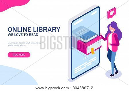 Online Library Concept. Books In Your Phone Or Tablet. Young Girl Love To Read. Can Use For Web Bann