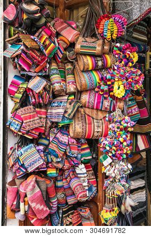 Traditional handcrafts on the market in main street of Uyuni,  Bolivia.