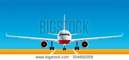 Realistic Front View Of Landing Airplane On Airport Pista.
