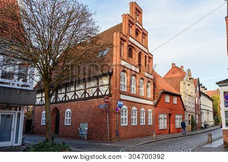Luneburg, Germany - November 06, 2018: Street With Medieval Old Brick Buildings In Luneburg