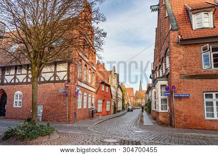 Luneburg, Germany - November 06, 2018: Street With Medieval Old Brick Buildings In Luneburg