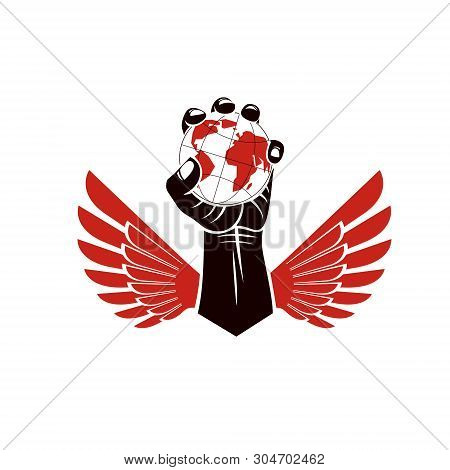 Winged Vector Emblem Composed With Raised Clenched Fist Composed With Earth Illustration. Authority 