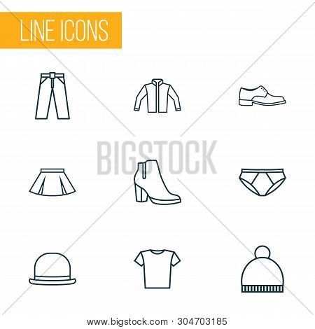 Garment Icons Line Style Set With Beanie, T-shirt, Men Footwear And Other Mini Elements. Isolated Ve