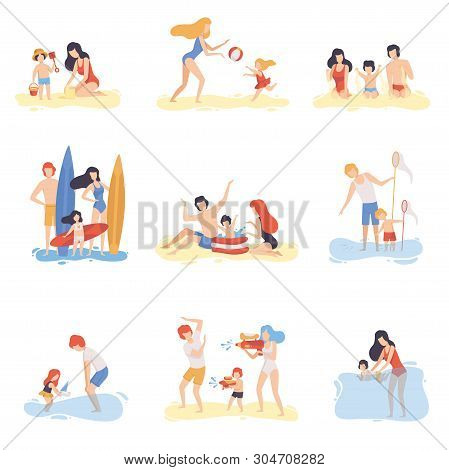 Parents And Their Children Playing, Swimming And Having Fun On Beach, Happy Family Enjoying Summer V
