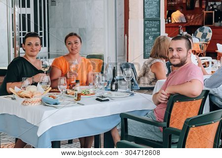 Aguadulce, Almeria / Spain - July 11 2015: Restaurant Tourists Eating At Outdoor Cafe