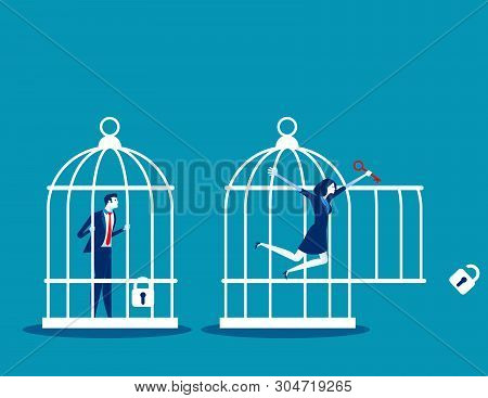 Freedom Concept. Business Team Locked And Key Free Himself From Cage. Concept Business Vector Illust