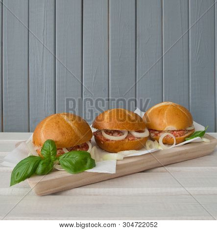 Three Buns With Raw Minced Pork - Mett, On Gray-white Wooden Background