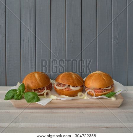 Three Buns With Raw Minced Pork - Mett, On Gray-white Wooden Background