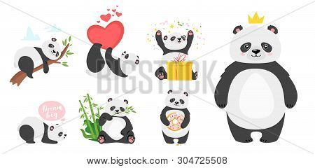 Cute Panda Bears Flat Vector Illustrations Set. Asian Rainforest Animal Sleeping On Tree Branch. Ado