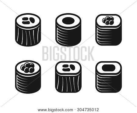 Sushi Rolls Set Of Vector Various Objects, Icons Or Design Elements In Monochrome Style Isolated On 