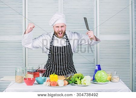Sharp Knife Professional Tool. Chef Choose Professional Tools. Chef Hold Cleaver Knife Tool Ready To