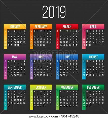 Creative Illustration Of 2019 Year Colorful Calendar Isolated On Background. Art Design Blank Mockup